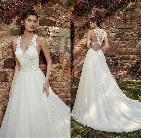 2019 designed back v neck wedding dresses lace appliques a line bridal gown floor length tulle robe de mariee, White
2019 designed back v neck wedding dresses lace appliques a line bridal gown floor length tulle robe de mariee, White