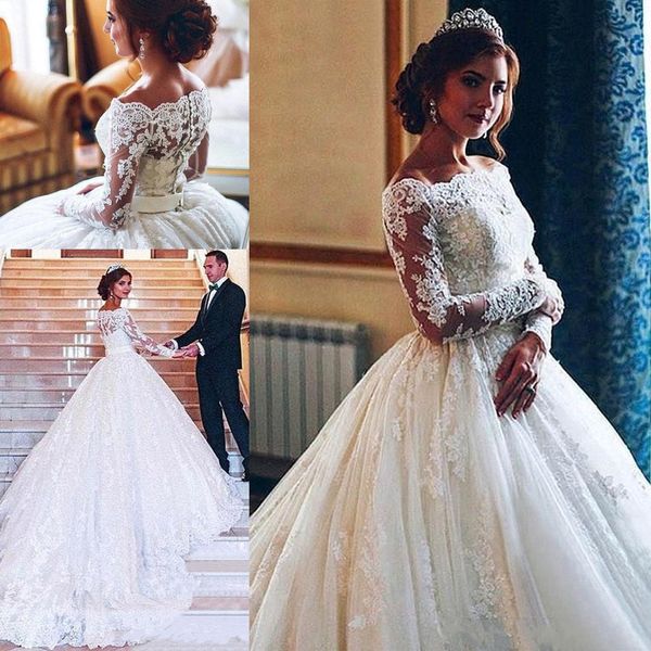 custom vintage arabic ivory lace wedding dresses off shoulder sheer long sleeves a line tulle bridal gowns with button covered, White
custom vintage arabic ivory lace wedding dresses off shoulder sheer long sleeves a line tulle bridal gowns with button covered, White