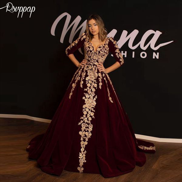 long evening dress 2019 elegant v-neck 3/4 long sleeves golden lace arabic burgundy velvet formal women evening gowns, White;black
long evening dress 2019 elegant v-neck 3/4 long sleeves golden lace arabic burgundy velvet formal women evening gowns, White;black