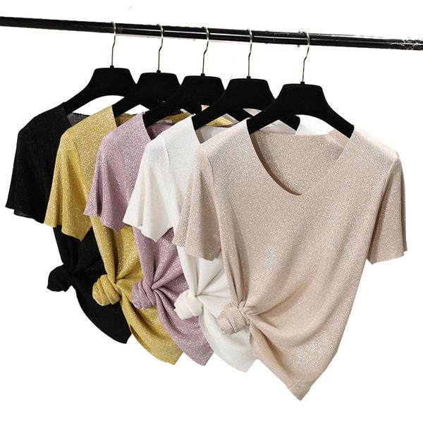 lurex short sleeve knitted tee shirt women pullover loose t shirt fashion elasticity female 2019 v-neck summer, White
lurex short sleeve knitted tee shirt women pullover loose t shirt fashion elasticity female 2019 v-neck summer, White
