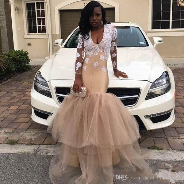 2020 deep v neck champagne prom dresses long sleeve tiered tulle skirt long mermaid formal party evening dresses special occasion gowns, Black
2020 deep v neck champagne prom dresses long sleeve tiered tulle skirt long mermaid formal party evening dresses special occasion gowns, Black