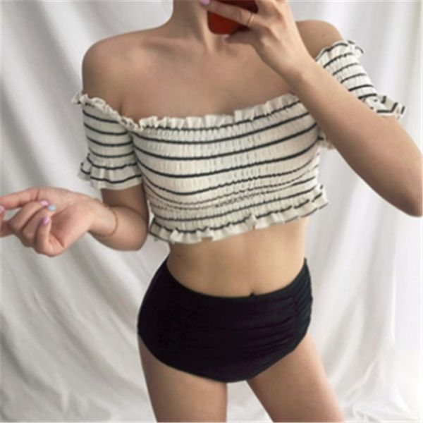 one-line collar swimsuit bikini black split high waist striped swimsuit beach bikini, White;black
one-line collar swimsuit bikini black split high waist striped swimsuit beach bikini, White;black
