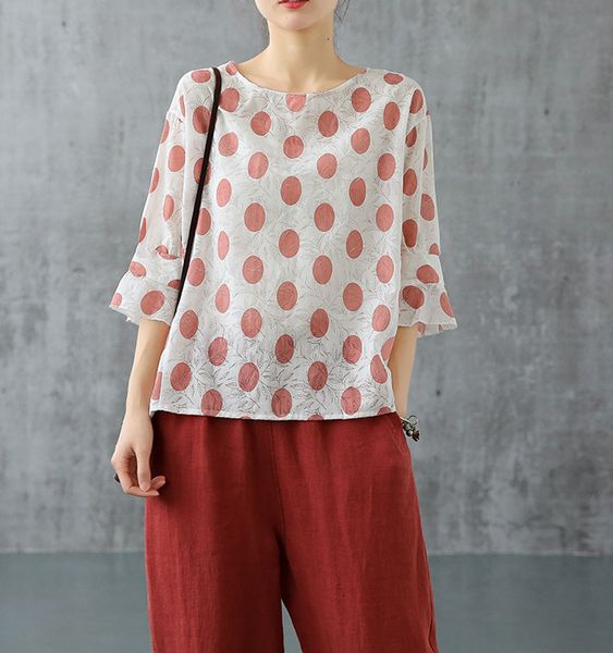 summer new literary polka dot cotton shirt female loose shirt linen 3922, White