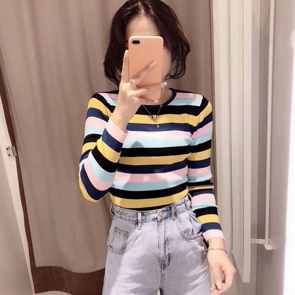women autumn winter korean thin section sweater rainbow stripes print slim long sleeved round collar slim bottom knit sweater1, White;black
women autumn winter korean thin section sweater rainbow stripes print slim long sleeved round collar slim bottom knit sweater1, White;black