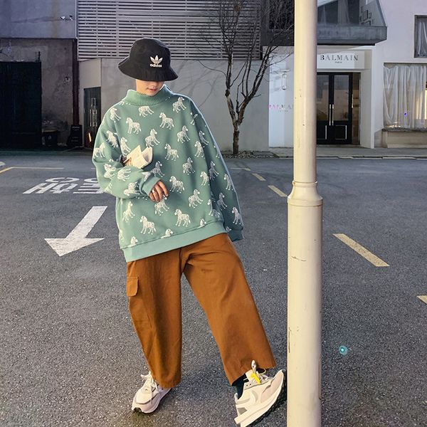 2019 new japanese cotton simple winter high collar plus velvet cartoon zebra print men's loose version casual couple pullover, Black
2019 new japanese cotton simple winter high collar plus velvet cartoon zebra print men's loose version casual couple pullover, Black