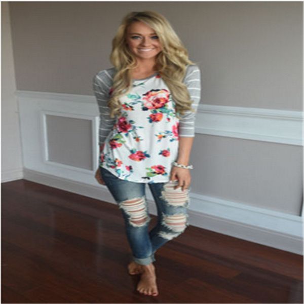 2017 new fashion women loose 3/4 sleeve t-shirt floral cotton casual raglan sleeve striped tees, White
2017 new fashion women loose 3/4 sleeve t-shirt floral cotton casual raglan sleeve striped tees, White