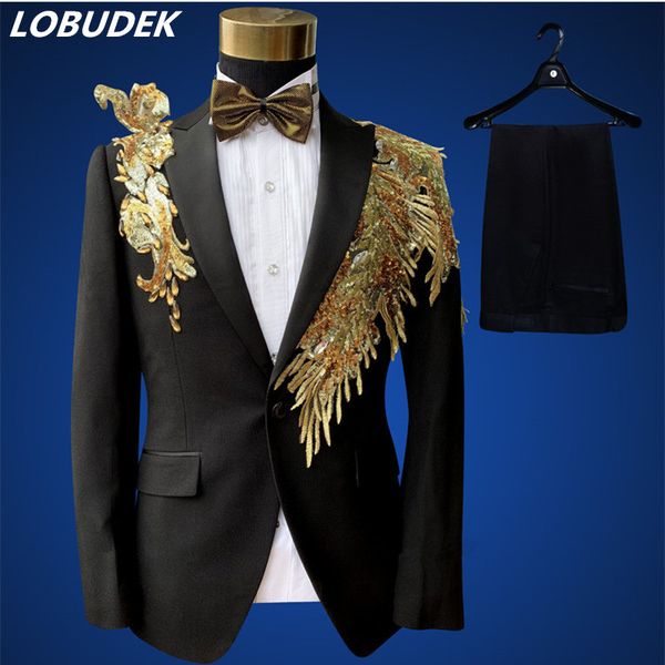jacket+bow tie+pants) formal men's suits gold black sequins crystals blazers trousers 2 pieces set singer host stage costumes, White;black
jacket+bow tie+pants) formal men's suits gold black sequins crystals blazers trousers 2 pieces set singer host stage costumes, White;black