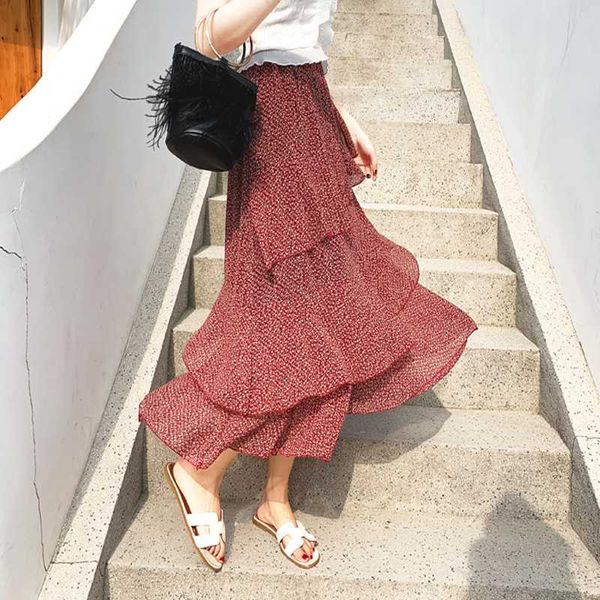 elegant floral print ruffles women skirt vintage elastic waist chiffon a-line female skirt 2020 party long skirts femme, Black 
elegant floral print ruffles women skirt vintage elastic waist chiffon a-line female skirt 2020 party long skirts femme, Black
