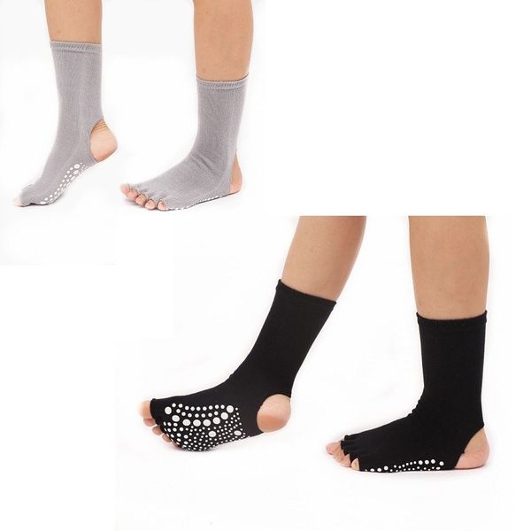 

2 pair women professonial yoga socks open toes five finger anti-slip knee gym fitness sox pilates dance ballet sock, Black
