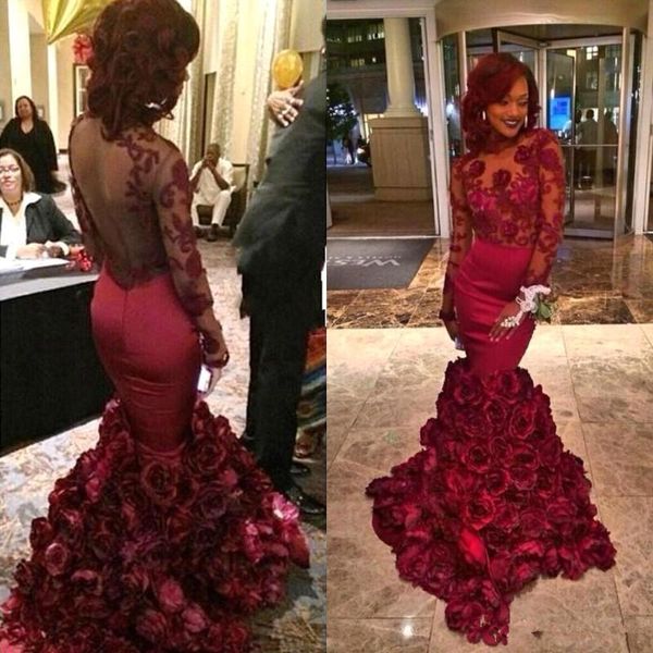 new 2019 burgundy handmade flowers mermaid long sleeves prom dresses sheer neck long sleeves illusion back african evening party gowns, Black;red
new 2019 burgundy handmade flowers mermaid long sleeves prom dresses sheer neck long sleeves illusion back african evening party gowns, Black;red