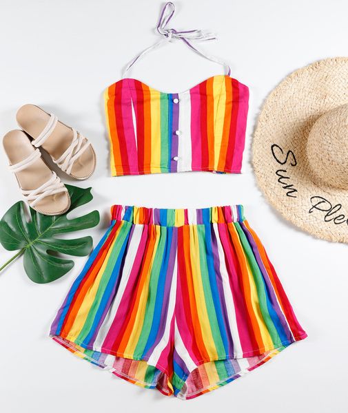 women rainbow striped vest bandage shorts two-piece outfit suits women summer plus size color beach causal 2 piece set d1, White
women rainbow striped vest bandage shorts two-piece outfit suits women summer plus size color beach causal 2 piece set d1, White