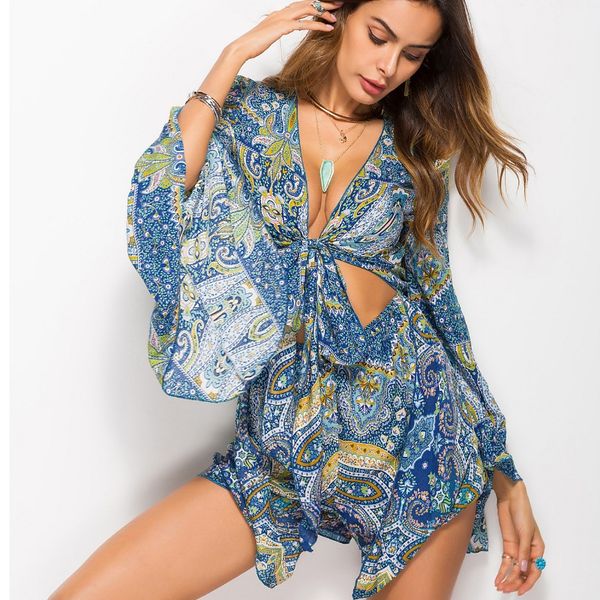 summer women bohemian v-neck jumpsuits tie knot floral print bell sleeves jumpsuits beach overalls, Black;white
summer women bohemian v-neck jumpsuits tie knot floral print bell sleeves jumpsuits beach overalls, Black;white
