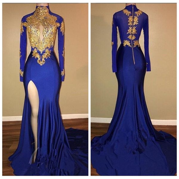 2021 high neck slim long sleeves mermaid prom dresses elegant split formal vestidos de soiree gold lace appliques evening party gowns, Black
2021 high neck slim long sleeves mermaid prom dresses elegant split formal vestidos de soiree gold lace appliques evening party gowns, Black