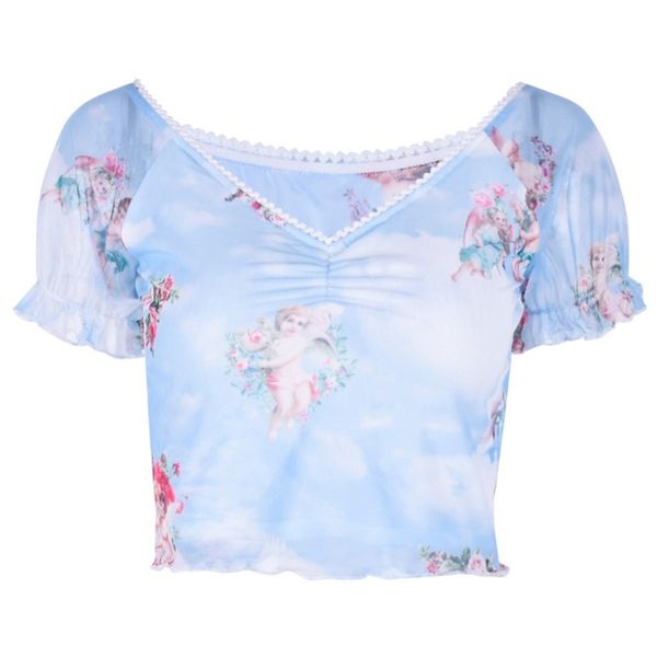 short sleeve beach summer crop angel print elastic fashion mesh casual slim pleated v neck women t shirt, White
short sleeve beach summer crop angel print elastic fashion mesh casual slim pleated v neck women t shirt, White