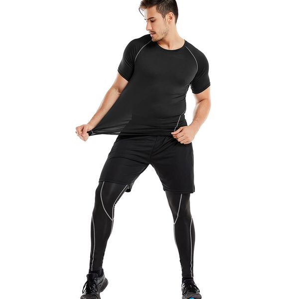 3pcs men compression sport set with t-shirt loose fitting shorts tight leggings pants for running cycling basketball yoga hiking, White;black
3pcs men compression sport set with t-shirt loose fitting shorts tight leggings pants for running cycling basketball yoga hiking, White;black