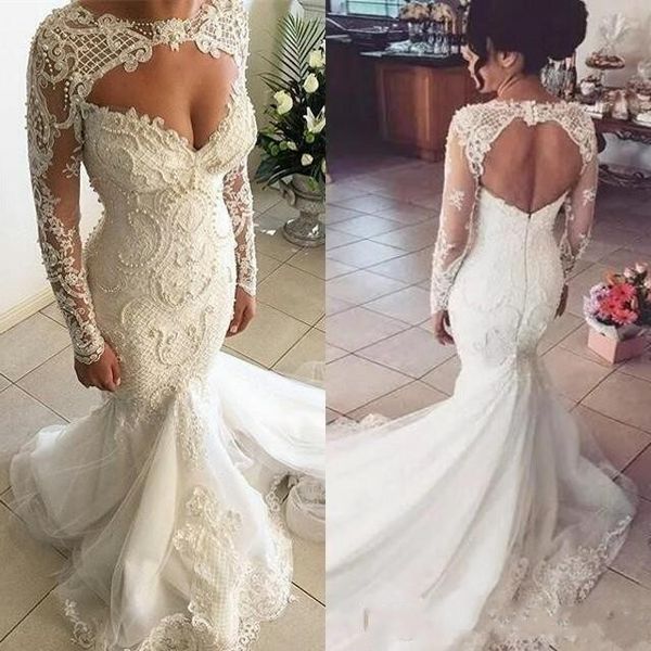 2019 new luxury african mermaid wedding dresses sweetheart lace appliques beading long sleeves sweet train plus size custom bridal gowns, White
2019 new luxury african mermaid wedding dresses sweetheart lace appliques beading long sleeves sweet train plus size custom bridal gowns, White