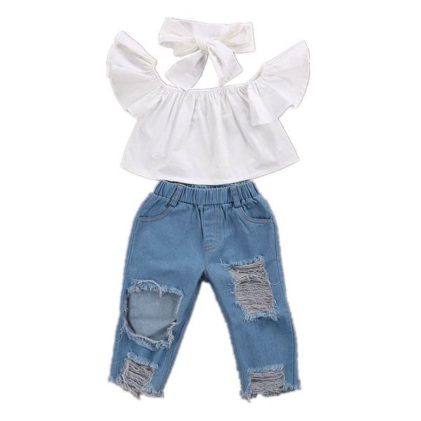 2019 fashion spring 3pcs kids baby girls off shoulder crop + denim broken hole pants jean headband clothing set, White
2019 fashion spring 3pcs kids baby girls off shoulder crop + denim broken hole pants jean headband clothing set, White