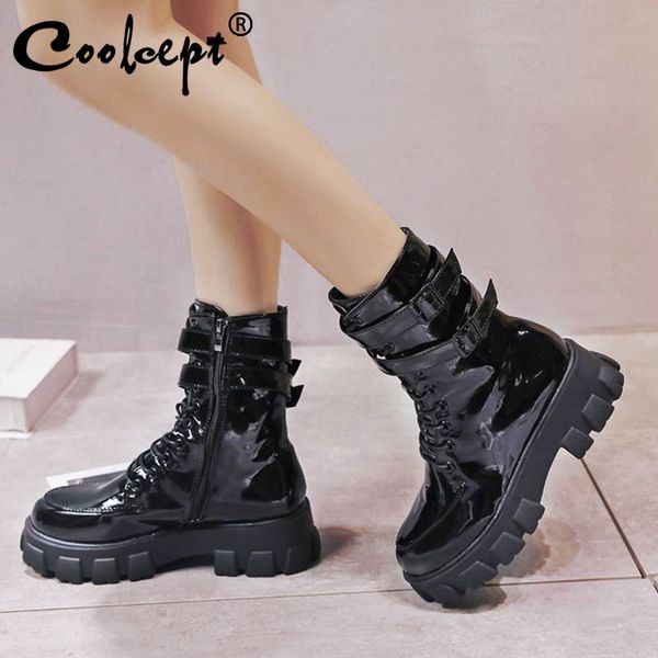 coolcept ankle boots for women winter patent leather casual wedges shoes women buckle lace up black platform footwear size 35-39
coolcept ankle boots for women winter patent leather casual wedges shoes women buckle lace up black platform footwear size 35-39