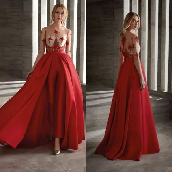 2019 red prom dresses jumpsuits with detachable train lace sheer long sleeve pants satin cocktail party dress custom evening gowns, Black
2019 red prom dresses jumpsuits with detachable train lace sheer long sleeve pants satin cocktail party dress custom evening gowns, Black