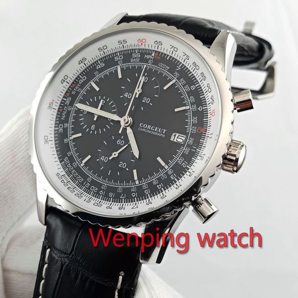 corgeut chronograph mens watch 45mm black dial polished silver case japan quartz movement w2868, Slivery;brown
corgeut chronograph mens watch 45mm black dial polished silver case japan quartz movement w2868, Slivery;brown