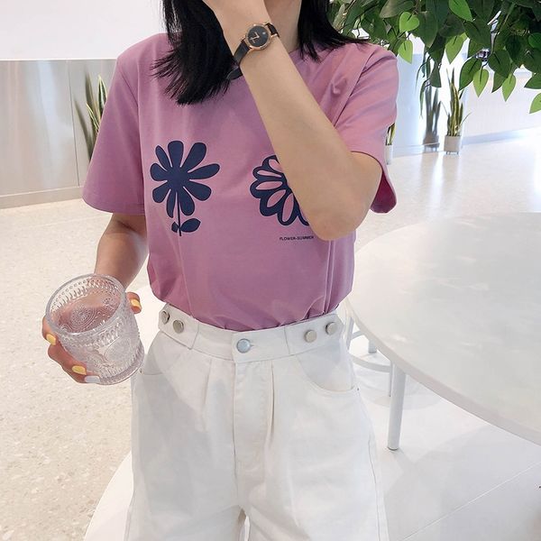 2020 women's printed round collar short sleeve t-shirt simple fresh student casual loose t-shirt, White