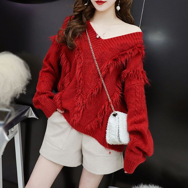 autumn and winter women's knitted sweater v-neck femme elasticity pullovers tassel loose lazy wind sweater, White;black
autumn and winter women's knitted sweater v-neck femme elasticity pullovers tassel loose lazy wind sweater, White;black