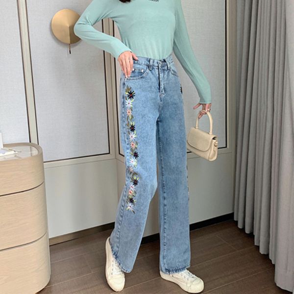 women's jeans embroidery flowers for women korean high waist straight denim trouser loose harajuku pants 2021, Blue
women's jeans embroidery flowers for women korean high waist straight denim trouser loose harajuku pants 2021, Blue