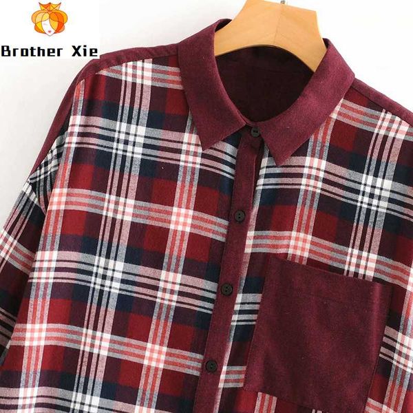 vintage loose patchwork plaid blouse women casual long sleeve pocket shirts female turn down collar fashion blouses, White 
vintage loose patchwork plaid blouse women casual long sleeve pocket shirts female turn down collar fashion blouses, White