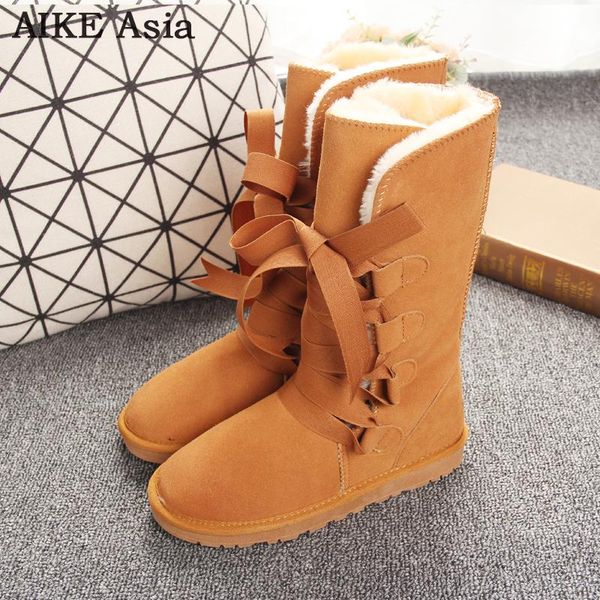 botas feminina 2019 knee-high genuine leather snow boots australia boots lace bow boot women winter warm flat shoes us4-13, Black 
botas feminina 2019 knee-high genuine leather snow boots australia boots lace bow boot women winter warm flat shoes us4-13, Black