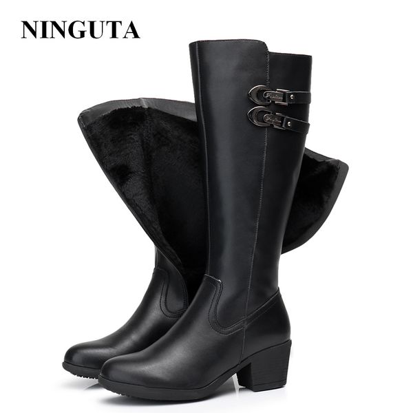 ninguta leather knee high winter boots women high heels fashion women boots, Black