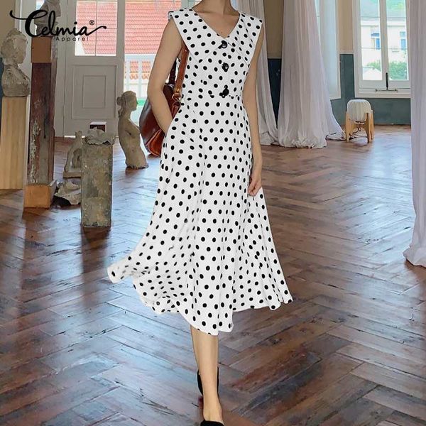 fashion polka dot women summer dress celmia casual office lapel midi sundress elegant loose plus size vestidos female robe, Black;gray
fashion polka dot women summer dress celmia casual office lapel midi sundress elegant loose plus size vestidos female robe, Black;gray