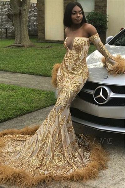 luxury gold sequined mermaid prom dresses black girl off shoulder long sleeves evening gown with feathers plus size formal dresses, Black;red
luxury gold sequined mermaid prom dresses black girl off shoulder long sleeves evening gown with feathers plus size formal dresses, Black;red