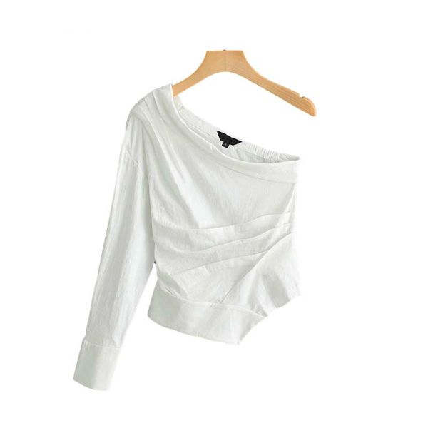 women white irregular collar blouse single shoulder pleated party wear blusas 
women white irregular collar blouse single shoulder pleated party wear blusas