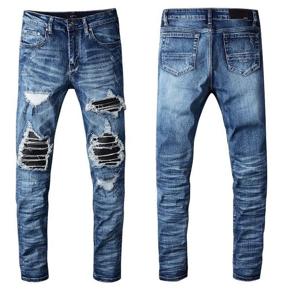 european standing men's jeans, men's jeans, a pair of skinny jeans and black embroidered skulls#0124, Blue
