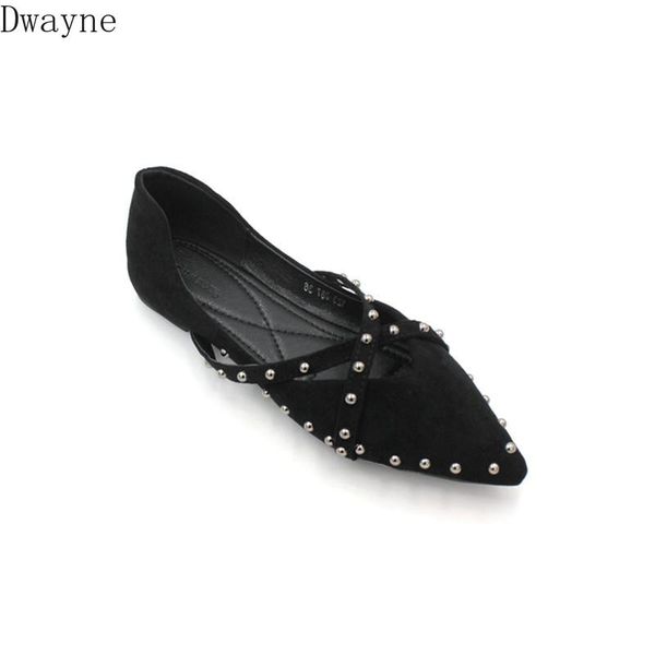 2020 new fashion suede rivets shallow mouth pointed flat women's shoes, Black