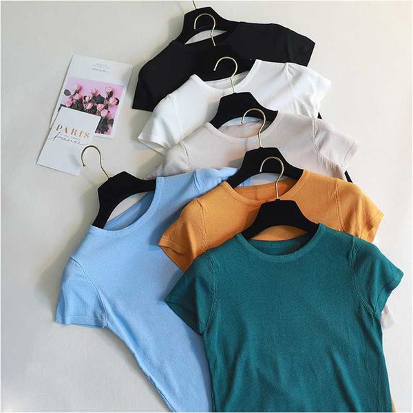 women's t-shirt ezsskj basic knitted t shirt women summer short sleeves high elasticity female o-neck casual solid crop top, White
women's t-shirt ezsskj basic knitted t shirt women summer short sleeves high elasticity female o-neck casual solid crop top, White