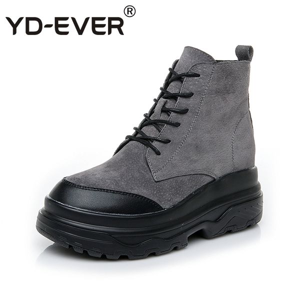 

yd-ever 6cm genuine leather women casual shoes platform wedge shoes sneakers spring autumn lace up ankle boots, Black