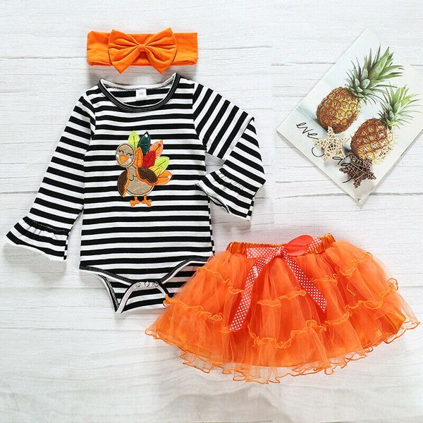 

Baby Set Newborn Baby Girls Thanksgiving Print Turkey Romper Tutu Fancy Dress Cotton Lace Bow Headband Ruffles Bow Free Shipping