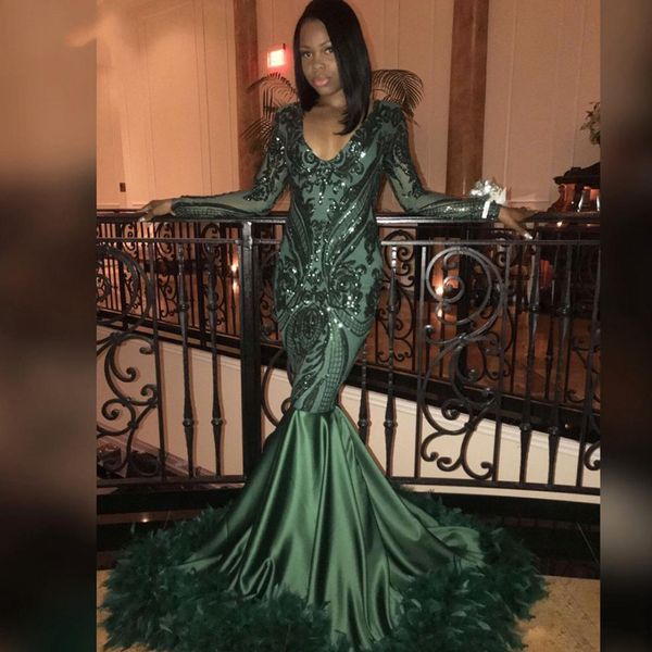 dark green mermaid long sleeve prom dresses v neck sequined feather emerald celebrity gown sweep train africa evening gowns, Black
dark green mermaid long sleeve prom dresses v neck sequined feather emerald celebrity gown sweep train africa evening gowns, Black