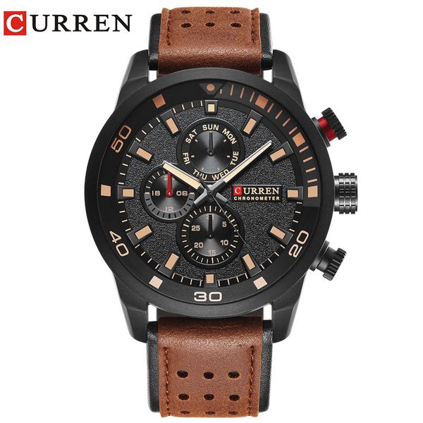 

curren brand new fashion casual quartz wrist watch men leather relojes strap round quartz water resistant 8250, Slivery;brown