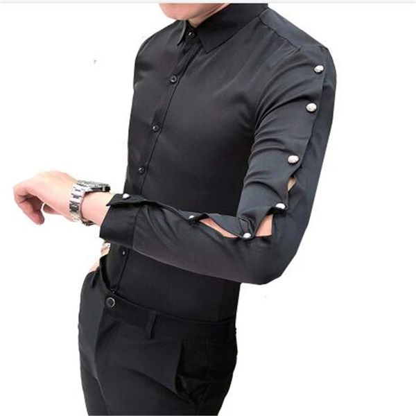 new solid color men's long-sleeved shirt personality beaded hollow design slim shirt business banquet party evening dress, White;black
new solid color men's long-sleeved shirt personality beaded hollow design slim shirt business banquet party evening dress, White;black