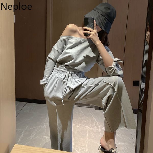 neploe 2020 spring 2pcs sets slash neck backless cross bandage short sweatshirt + lace up high waist wide leg pants suits 59096, White
neploe 2020 spring 2pcs sets slash neck backless cross bandage short sweatshirt + lace up high waist wide leg pants suits 59096, White