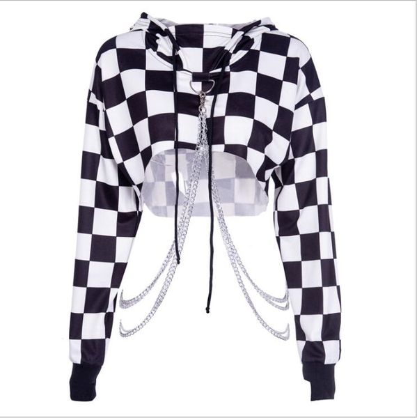 new women's black and white grid stitching chain short hooded sweatshirts
