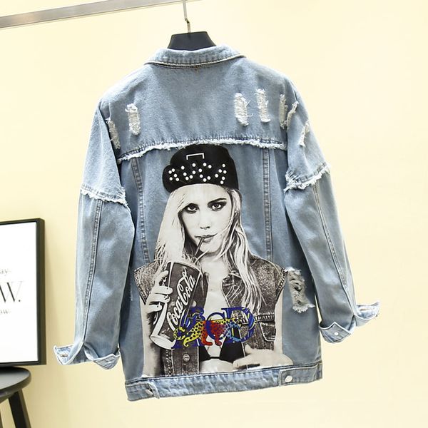 tyhru female autumn single-breasted loose print hole street big size denim jacket, Black;brown
tyhru female autumn single-breasted loose print hole street big size denim jacket, Black;brown