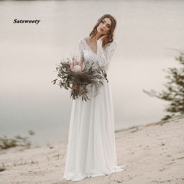 beach wedding dress long sleeve boho v neck open back bridal chiffon princess lace novia, White
beach wedding dress long sleeve boho v neck open back bridal chiffon princess lace novia, White