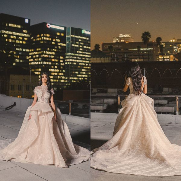

2019 champagne wedding dresses lace applique high neck sequins backless country wedding dress bridal gowns plus size vestidos de novia, White