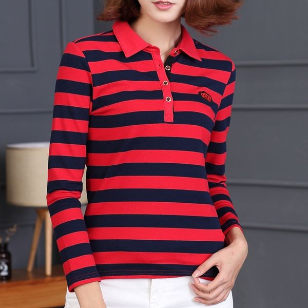 2019 autumn women's sports casual long sleeve t- women's slim striped polo shirt cotton base shirt, White
2019 autumn women's sports casual long sleeve t- women's slim striped polo shirt cotton base shirt, White