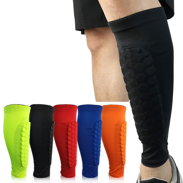 

1 pair professional football calf support honeycomb anti collision blocks breathable shin guard leg protection legging greaves, Black