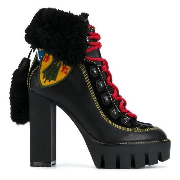 brand runway women winter sheep wool lining high heels ankle boots lady lace up platform riding shoes genuine leather snow boots, Black
brand runway women winter sheep wool lining high heels ankle boots lady lace up platform riding shoes genuine leather snow boots, Black