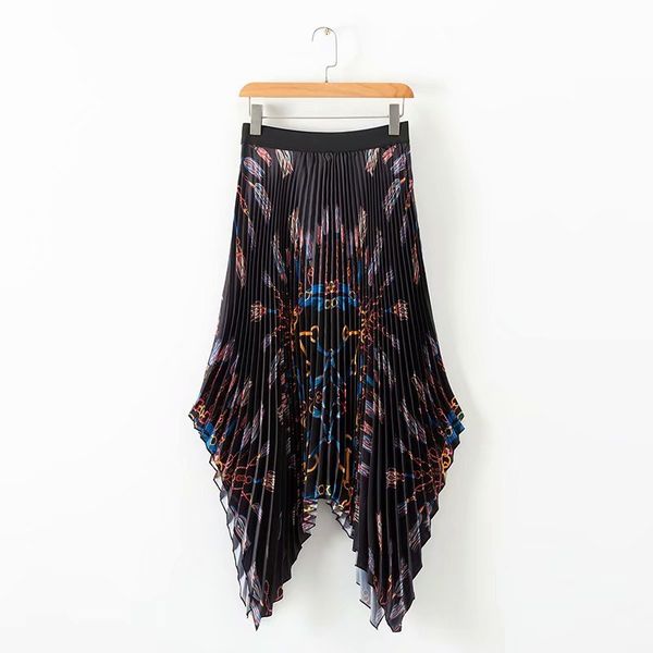 new women vintage elastic high waist chain print pleated midi skirt faldas mujer ladies asymmetrical casual chic skirts qun133, Black 
new women vintage elastic high waist chain print pleated midi skirt faldas mujer ladies asymmetrical casual chic skirts qun133, Black